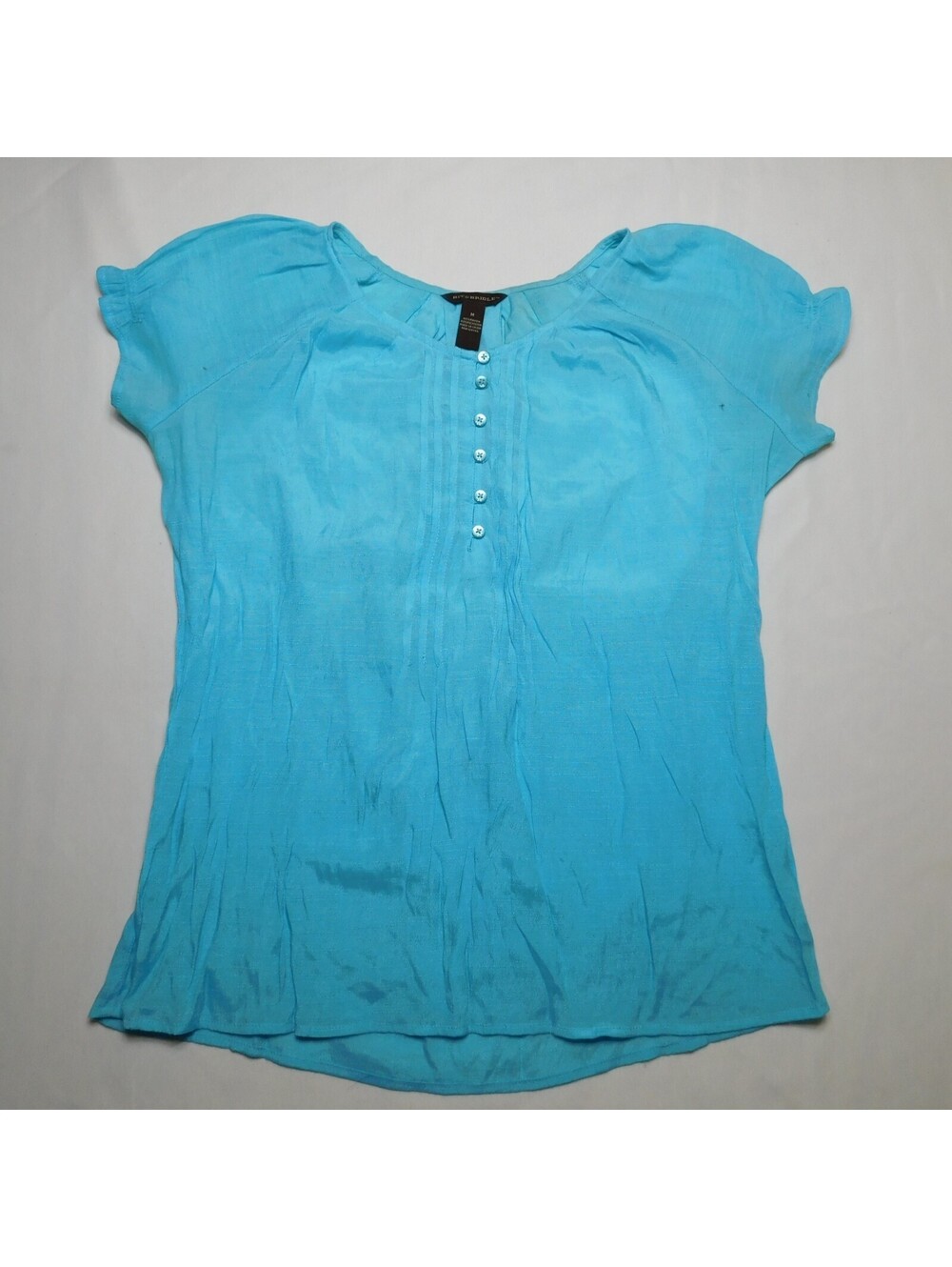 Bit & Bridle Women's Medium Turquoise Aqua Blue Henley Blouse Short Cap Sleeve P